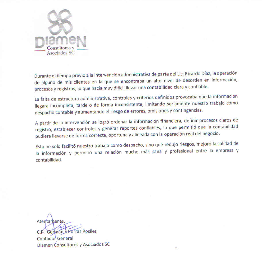 Carta de reconocimiento - Diamen Consultores
