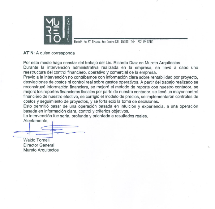 Carta de reconocimiento - Mureto Arquitectos